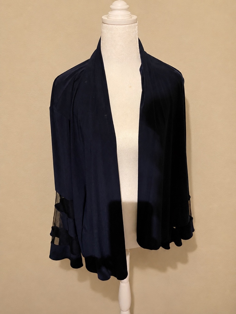 Navy Blue Open Front Cardigan with Sheer Mesh Sleeve Detail | Approx. Women's 1X